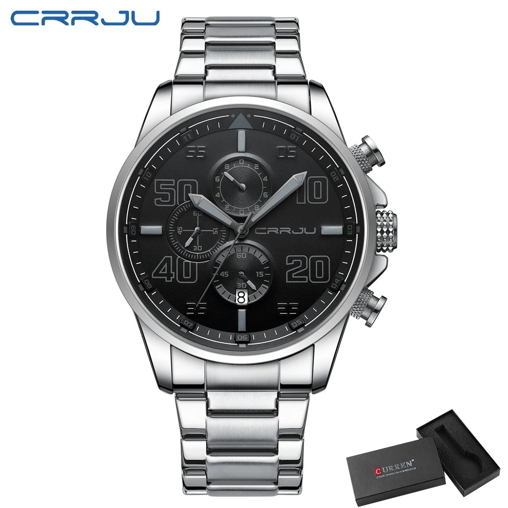 Montre pour homme CRRJU – Chronographe de luxe, grand cadran, acier inoxydable, étanche, avec affichage de la date