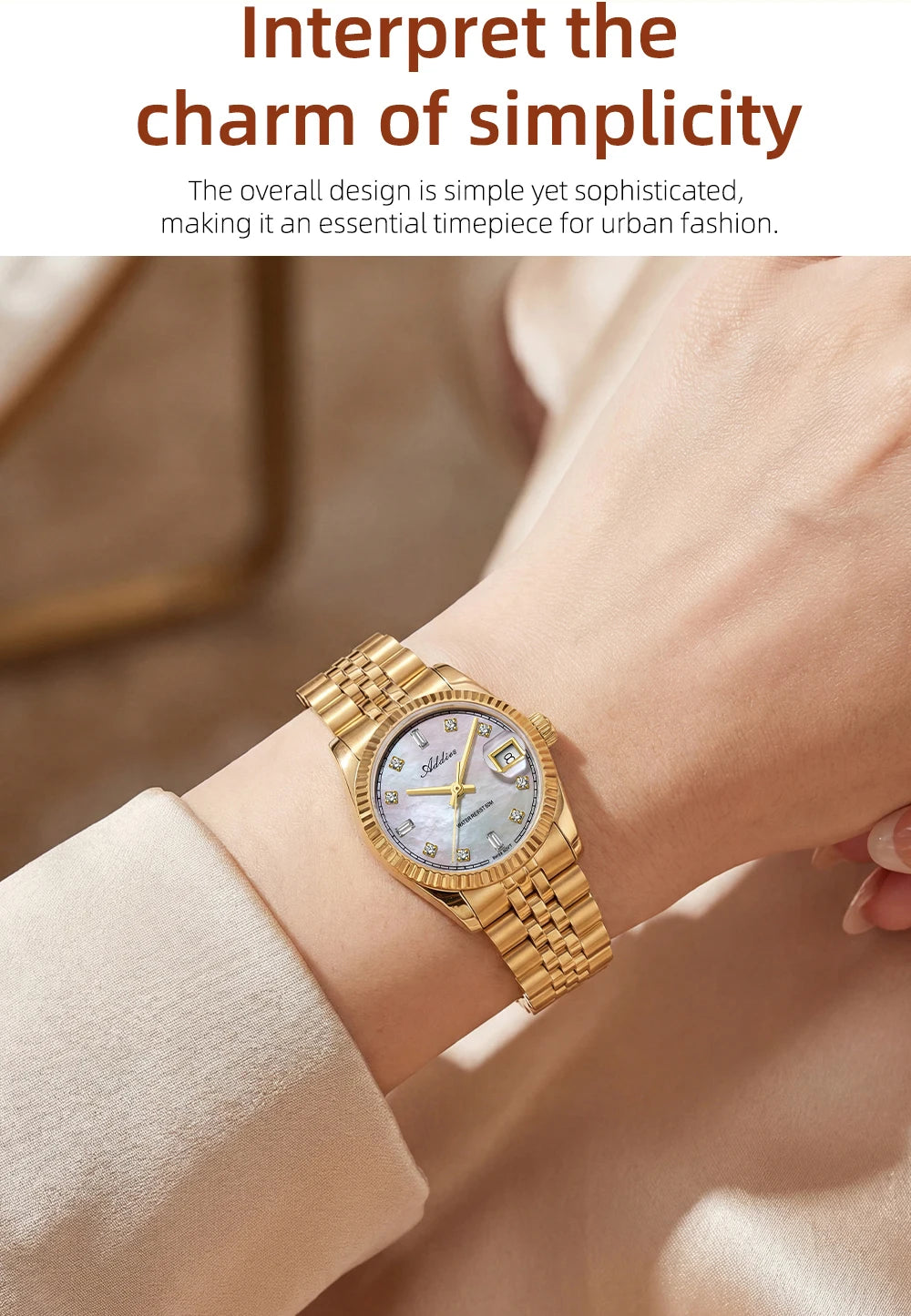 ADDIES New Luxury Women's Watches 28mm Sapphire Glass 50m Waterproof 316L Stainless Steel Business Quartz Wristwatch For Woman