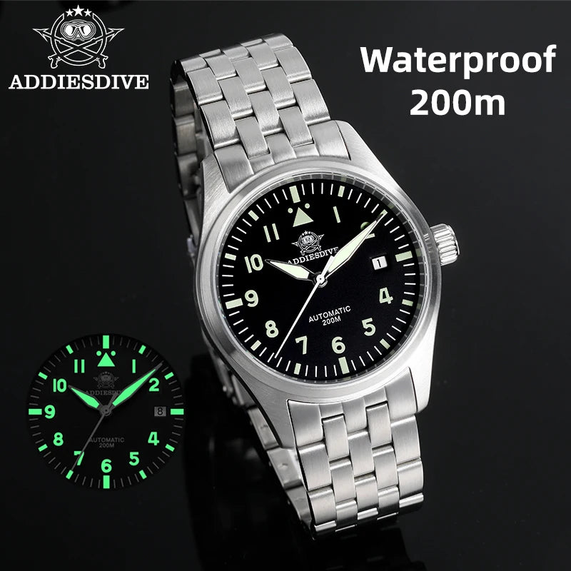 ADDIESDIVE Fashion Retro Personalized Watches 200m Waterproof C3 Luminous Steel Watch Sapphire Glass Mechanical Analog Watches