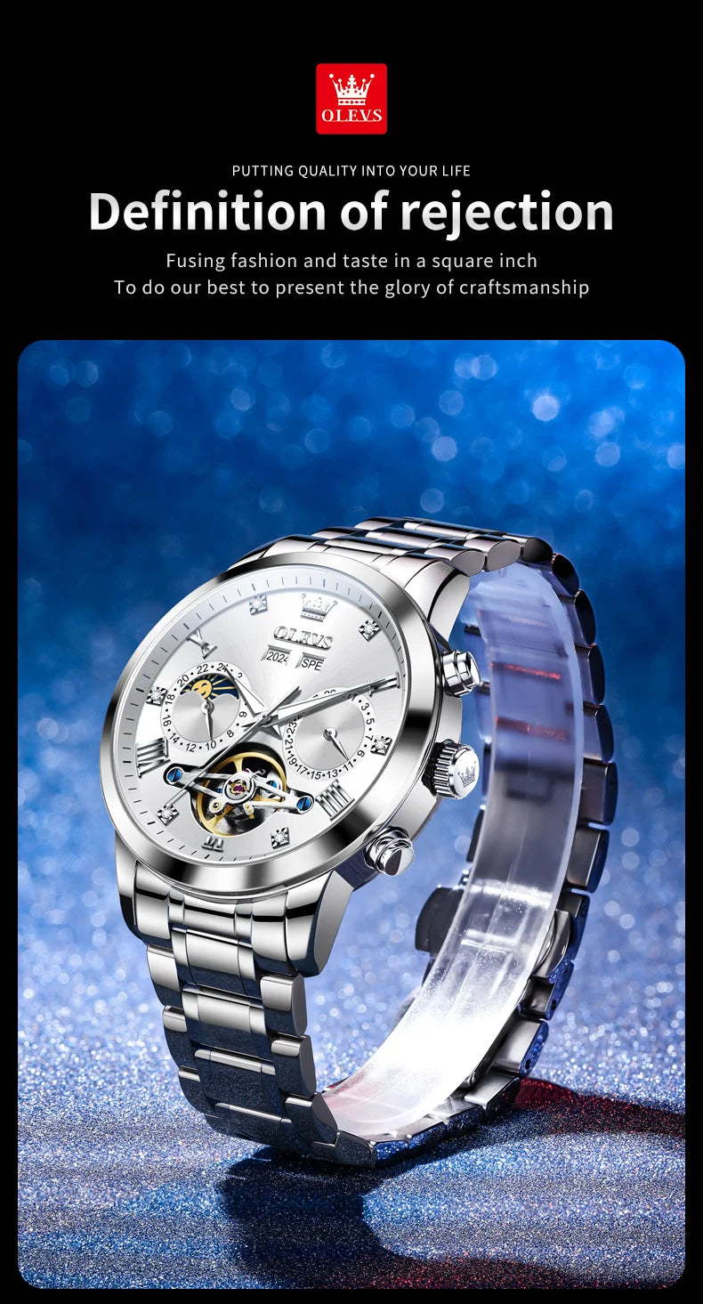 OLEVS Men's Watches Moon Phase Hollow Flywheel Exclusive Original Automatic Mechanical Watches For Men Luxury Man Watch New 7029