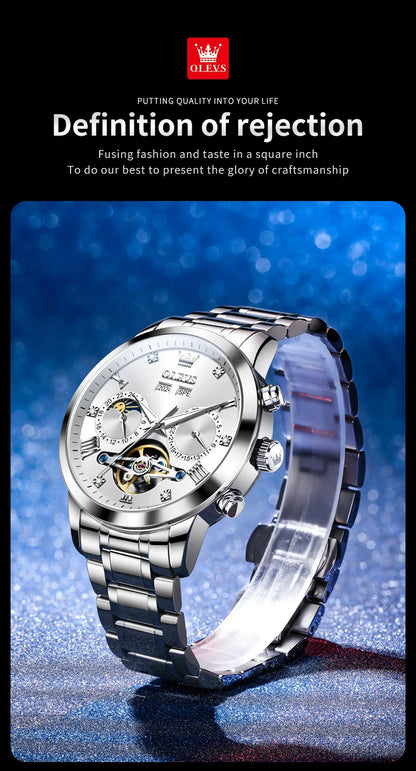 OLEVS Men's Watches Moon Phase Hollow Flywheel Exclusive Original Automatic Mechanical Watches For Men Luxury Man Watch New 7029