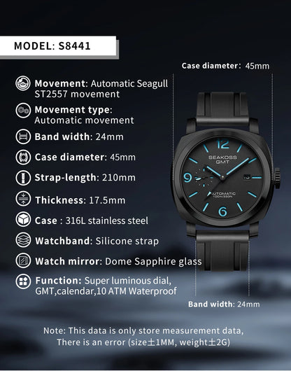 SEAKOSS GMT Men‘s Diving Automatic Mechanical Watches Seagull ST2557 Movement 316L Super Luminous Calendar 10Bar Reloj Homber