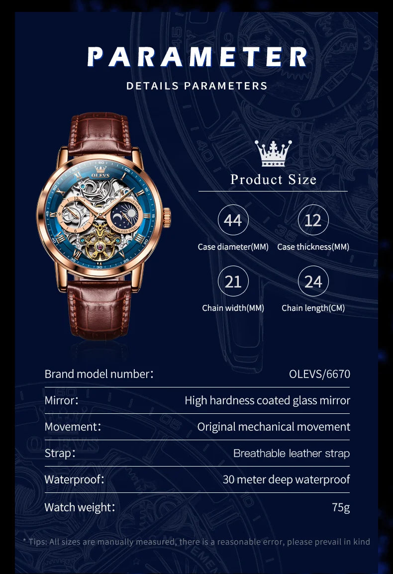OLEVS Top Brand Men's Skeleton Mechanical Watch, Waterproof Leather Strap, Moon Phase, Automatic Tourbillon Wristwatch