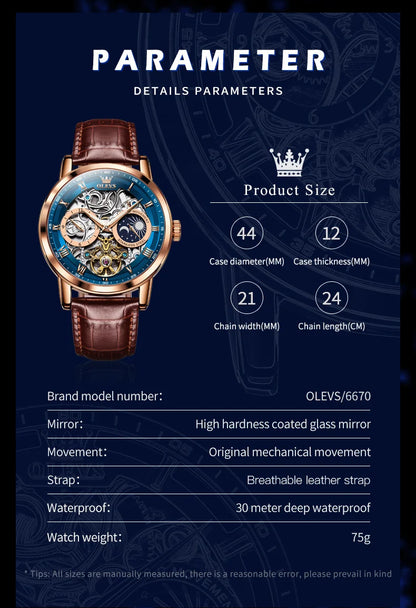 OLEVS Top Brand Men's Skeleton Mechanical Watch, Waterproof Leather Strap, Moon Phase, Automatic Tourbillon Wristwatch