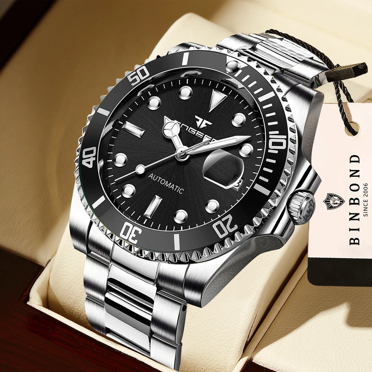 BINBOND mekaniske armbåndsure til mænd, luksuriøse, selvlysende, vandtætte, automatiske, med tourbillon, skeletterede