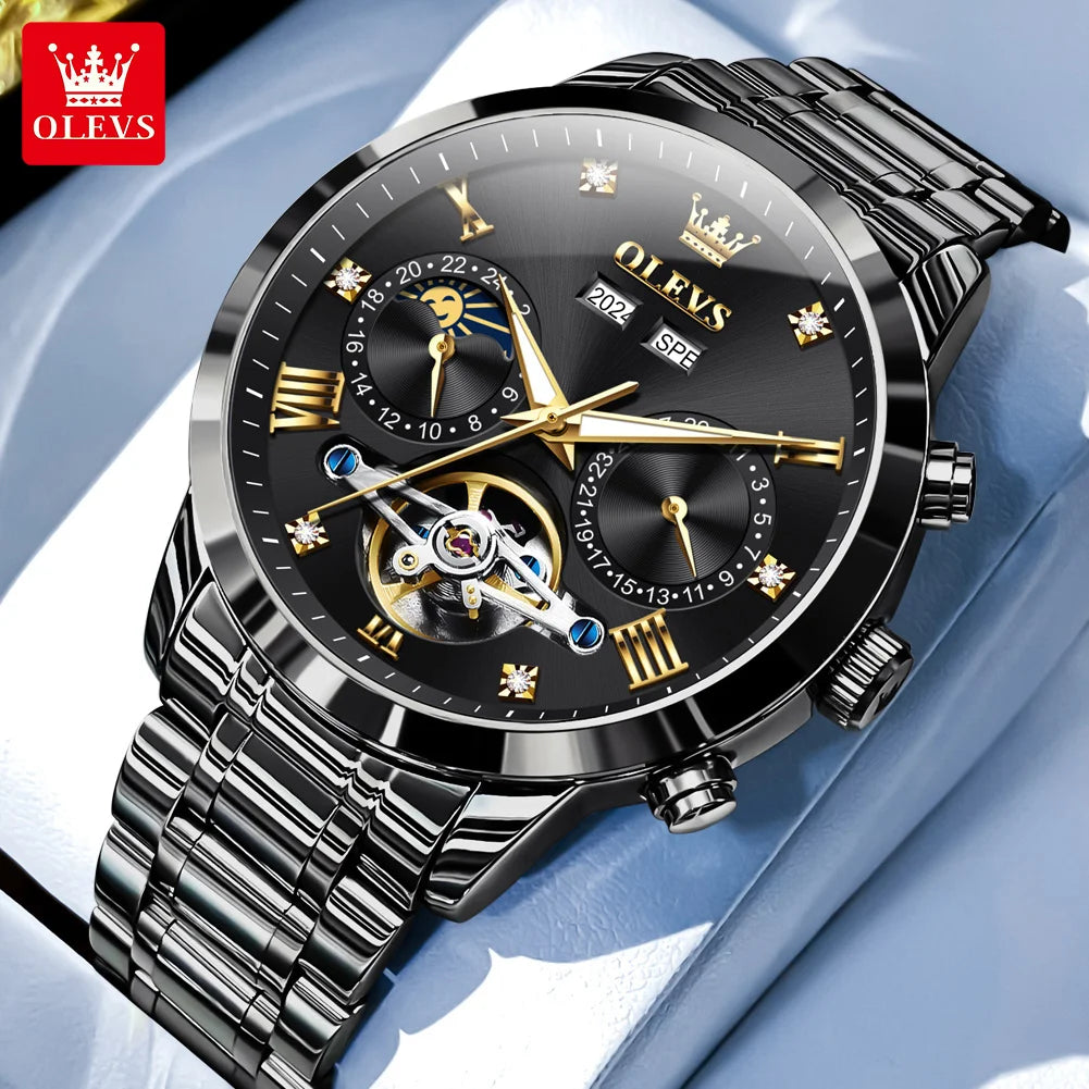 OLEVS Men's Watches Moon Phase Hollow Flywheel Exclusive Original Automatic Mechanical Watches For Men Luxury Man Watch New 7029