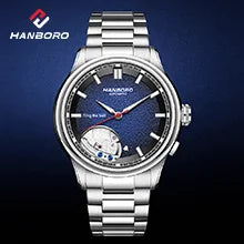 Relógio mecânico para homem HANBORO – Movimento automático, alarme, sinal horário, resistente à água até 100 m, vidro de safira, caixa em aço, estilo elegante e único.