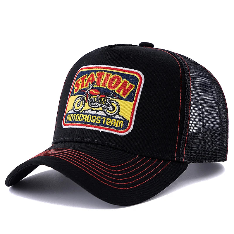 Unisex-mesh-trucker-kasket med klassisk motorcykelmønster, åndbar sommer-baseballkasket, streetwear-kasket til mænd og kvinder