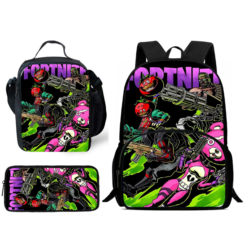 Kinder-Rucksack-Set im angesagten Gaming-Design mit Lunchbag und Federmäppchen, große Kapazität, Schultaschen für Jungen und Mädchen, ideales Geschenk F-FortniteS