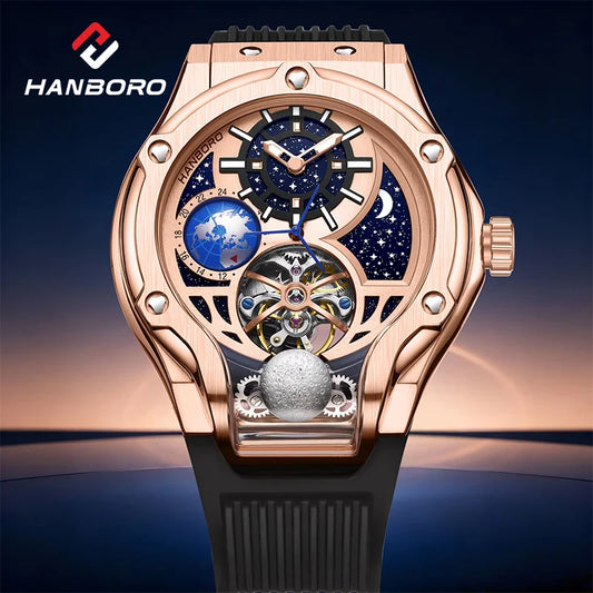 ase Autoy HANBORO Men’s Luxury Automatic Skeleton Watch  Rose Gold Starry Sky Moon Phase Mechanical WristwatchHollow Flywheel Moon Phxury Space Theme Sports Watch 980