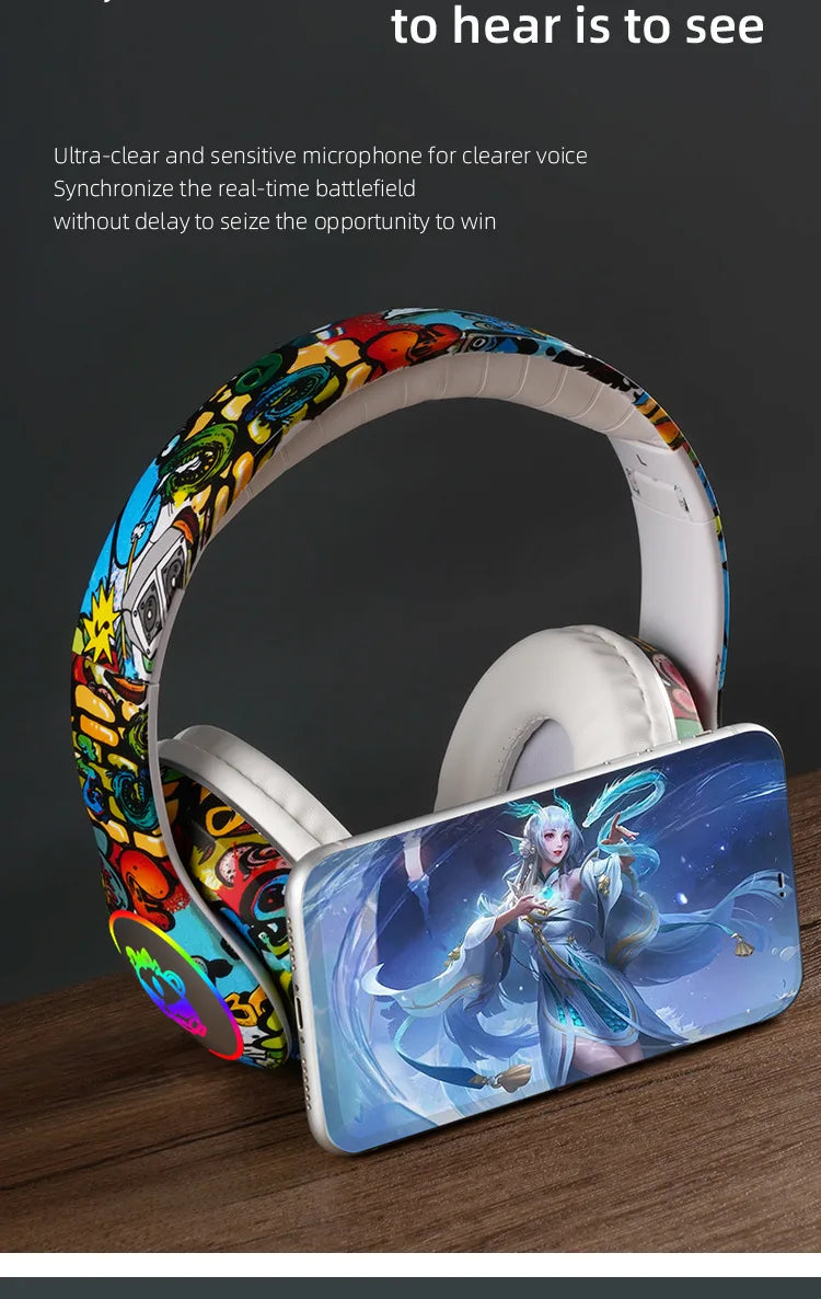 New Graffiti Wireless Overhead Headset with Mic LED Light LX-8686 High Quality TF Card Bluetooth Headphones for PC Gaming Child