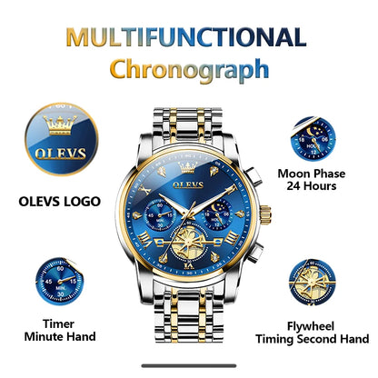 OLEVS Men's Watches Classic Multifunctional Flywheel Chronograph Original Quartz Wristwatch Moon Phase 24 Hour Waterproof Watch