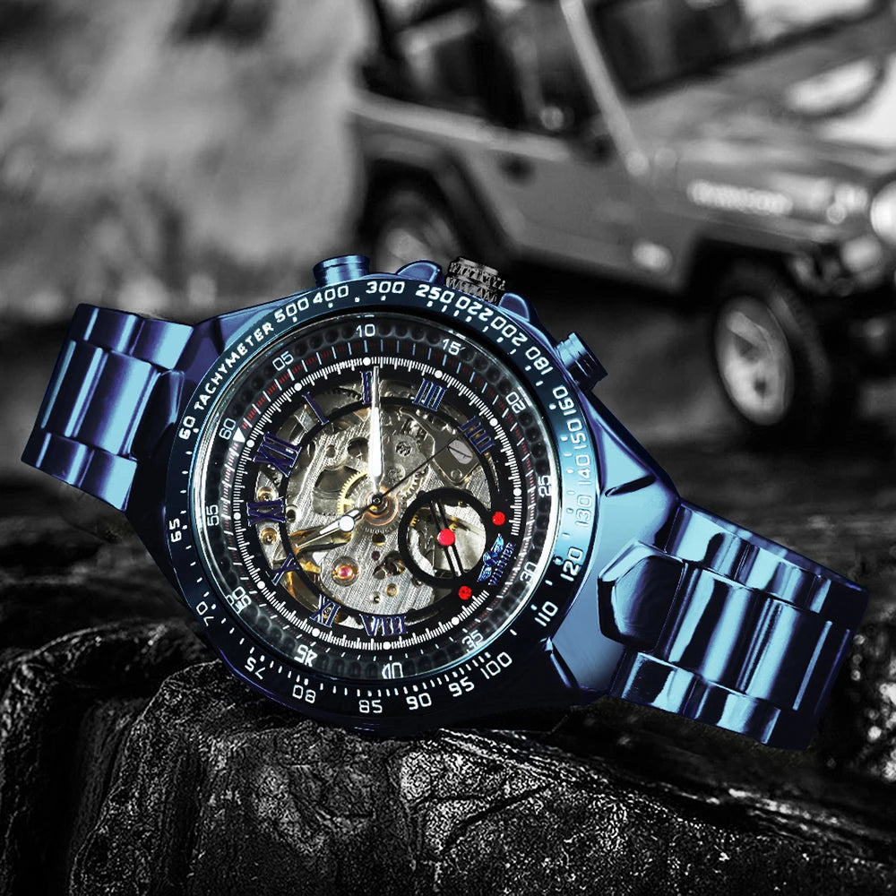 Relógio automático para homem WINNER – Modelo esqueleto transparente, ponteiros luminescentes, bracelete em aço inoxidável, relógio mecânico de marca de luxo