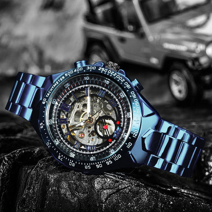 Relógio automático para homem WINNER – Modelo esqueleto transparente, ponteiros luminescentes, bracelete em aço inoxidável, relógio mecânico de marca de luxo