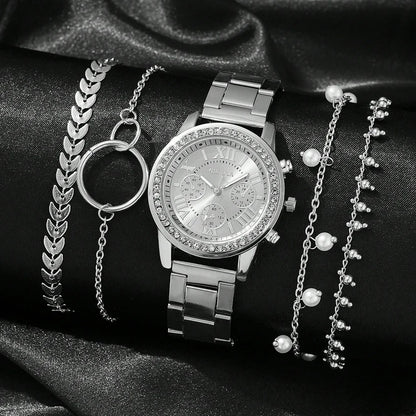 5PCS Quartz Watch Set Women Fashion Silver Round 3 Eyes Alloy Strap Wristwatch Gift Rhinestone Watch For Women Jewelry Set