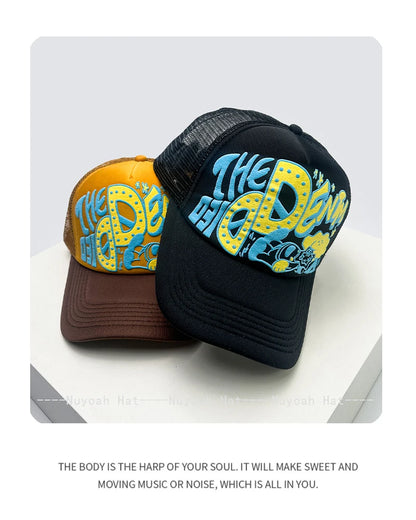 Unisex, interessant, 3D-printet bogstav, baseballkasketter, solskærm, tegneserie, åndbar, farveblok, trucker-kasketter, mesh, alsidig inderside