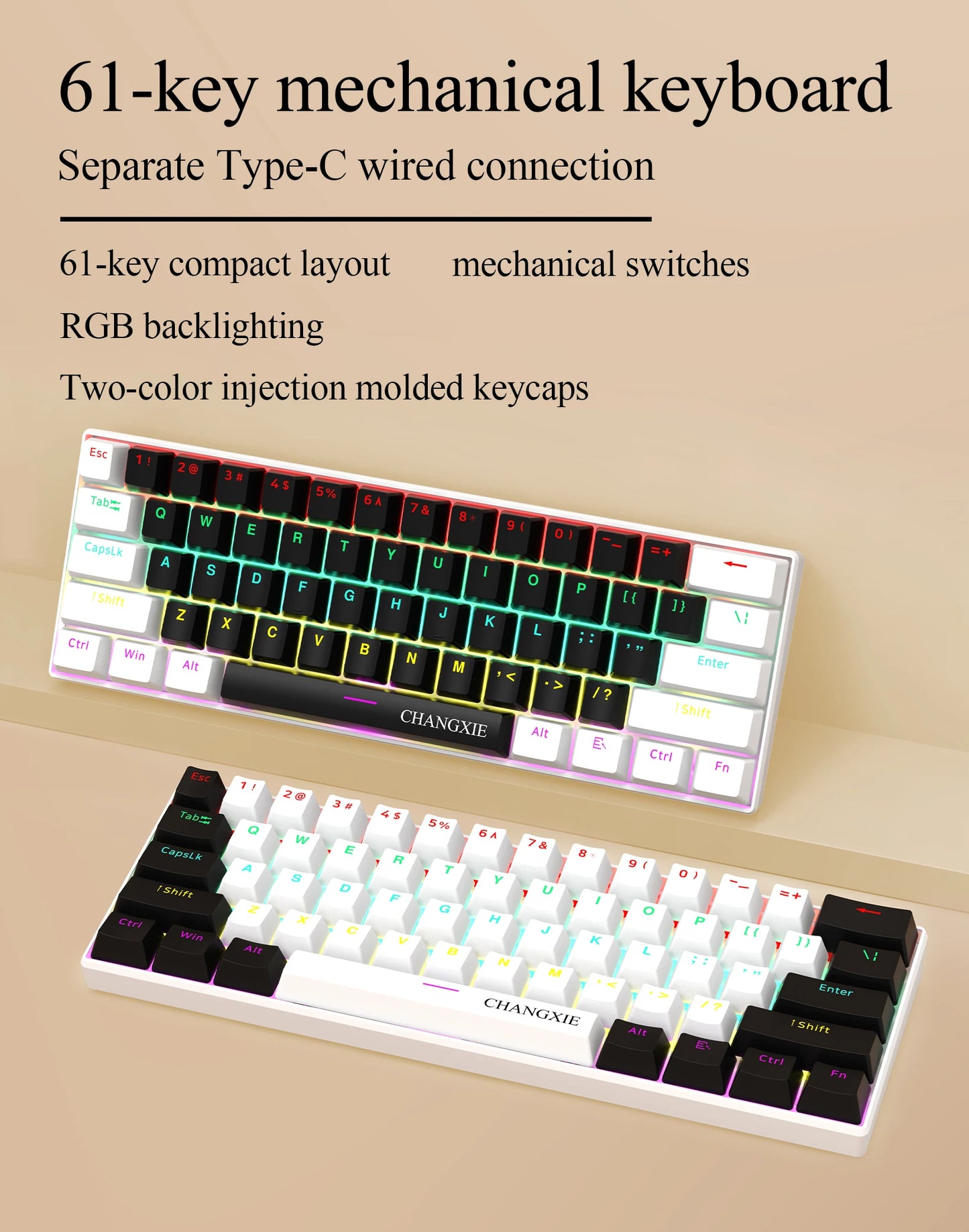 60% Compact Wired Mechanical Keyboard 61 Keys RGB Backlight Red Switch Ergonomic Small Portable for Office Computer Windows Tabl