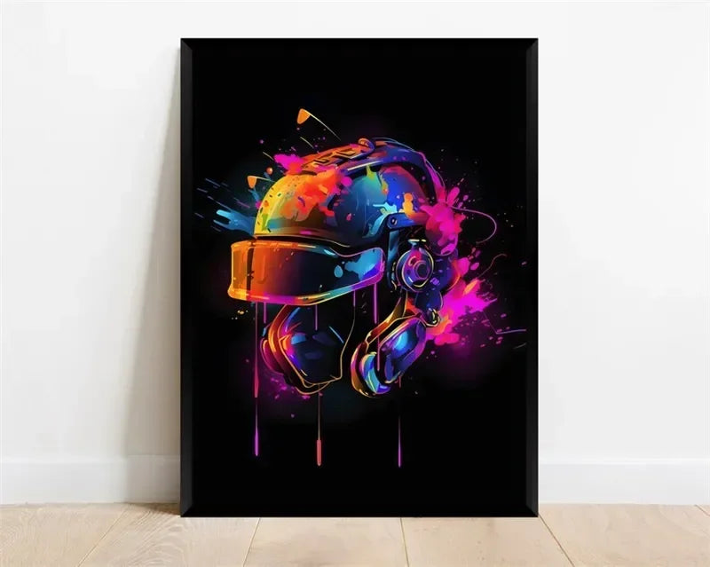 Pop-Neon-Poster mit Videospiel-Charakter, Gamepad, Kopfhörern, Fußball und Basketball – Leinwanddruck, Wandkunst-Dekor für das Gaming-Zimmer
