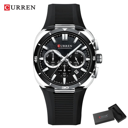 Relógio de homem CURREN – Novo modelo de luxo com movimento de quartzo, bracelete em silicone, estilo desportivo, multifunções, à prova de água, luminoso, com indicação da data e cronómetro.