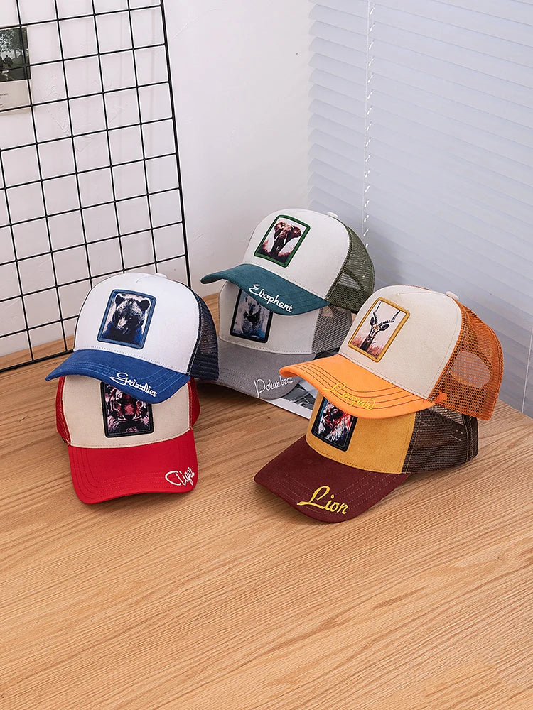Hot Sale Unisex Mesh Cap Lion Pattern Patch Design Suede Hat Women And Men Summer Animal Baseball Cap Fashion Trucker Hat