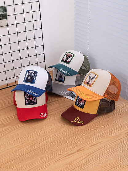 Hot Sale Unisex Mesh Cap Lion Pattern Patch Design Suede Hat Women And Men Summer Animal Baseball Cap Fashion Trucker Hat