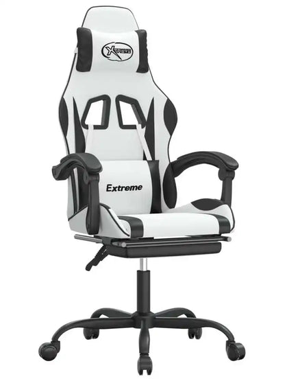 Gaming Chair with Footrest White and Black 57.5X59.5X121-131 Cm, Reclining, Swivel 360 ° Metal Structure, Load Capacity 110 kg