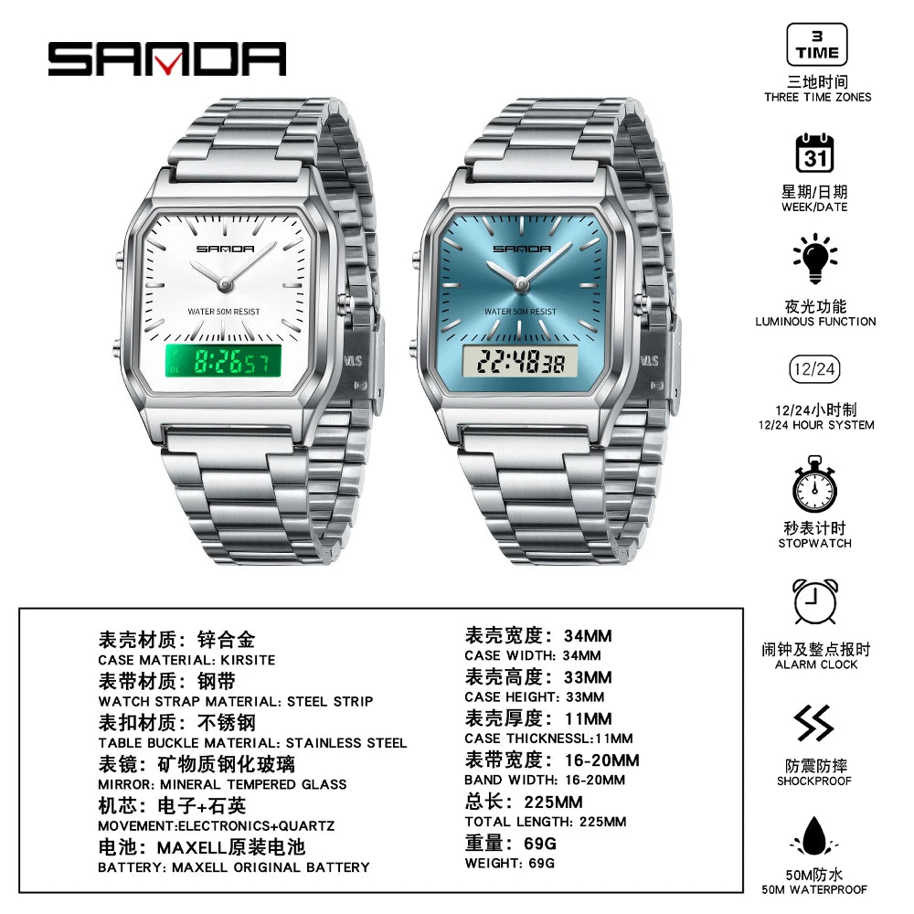 SANDA 747 Luxury Mens G Style Watches Stainless Steel Women LED Digital Dual Display Clock Unisex Waterproof Sports Quartz Watch