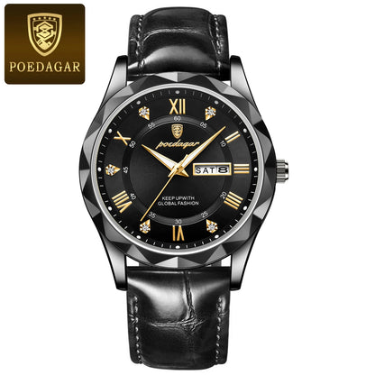 POEDAGAR herreur, originalt luksusmodel: vandtæt, selvlysende, med dato- og ugedagsvisning. Kvartsur i klassisk og professionel stil, udstyret med et læderarmbånd.