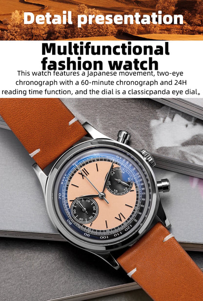 ADDIESDIVE AD2037 Men Quartz Watch Multifunctional 24 Hour Chronograph Black Dial Leather Watches 100m Dive Business Wristwatch