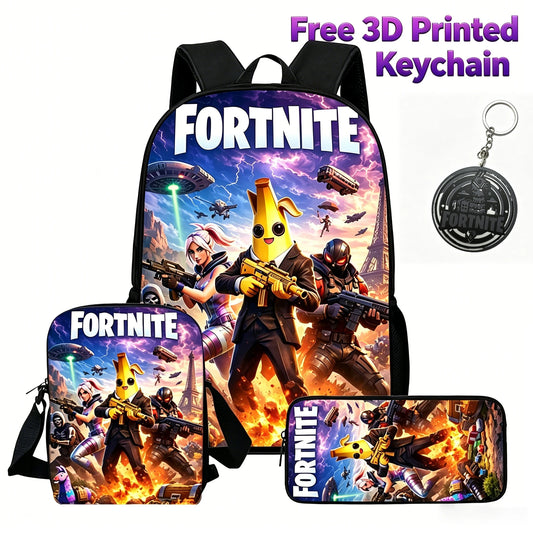3-teiliges Kinder-Rucksack-Set, Umhängetasche & Federmäppchen, FORTNITE-Cartoon-Tasche, leicht, für Jungen und Mädchen von 6-10, kostenloser 3D-gedruckter Schlüsselanhänger
