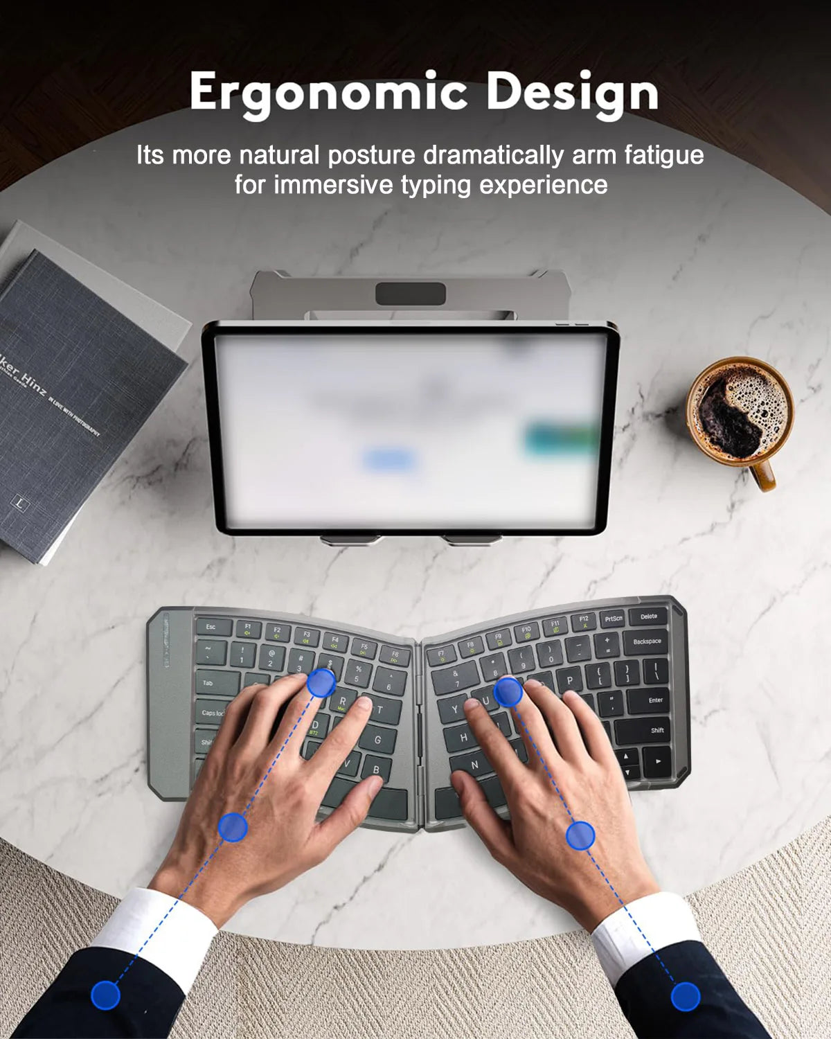 Ergonomic Foldable Bluetooth Keyboard,Split Compact Portable Keyboard for Business Travel,Folding Rechargeable Wireless Keyboard
