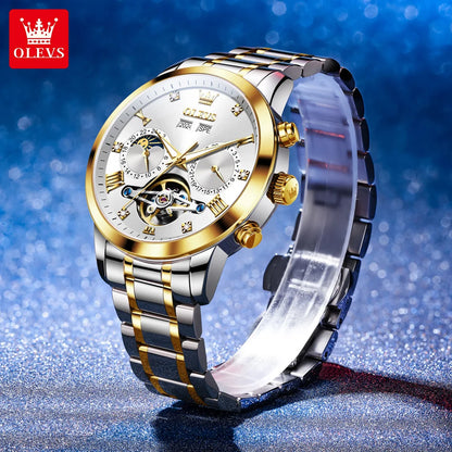 OLEVS Men's Watches Moon Phase Hollow Flywheel Exclusive Original Automatic Mechanical Watches For Men Luxury Man Watch New 7029