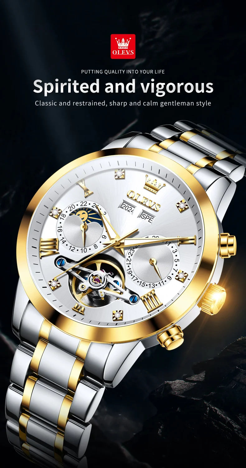 OLEVS Men's Watches Moon Phase Hollow Flywheel Exclusive Original Automatic Mechanical Watches For Men Luxury Man Watch New 7029