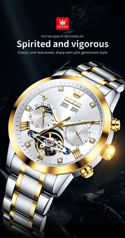 OLEVS Men's Watches Moon Phase Hollow Flywheel Exclusive Original Automatic Mechanical Watches For Men Luxury Man Watch New 7029