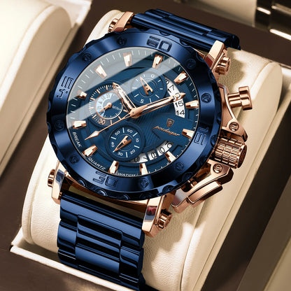 Orologio da uomo di lusso POEDAGAR, luminescente, impermeabile, cronografo, datario, acciaio inossidabile, al quarzo, Reloj