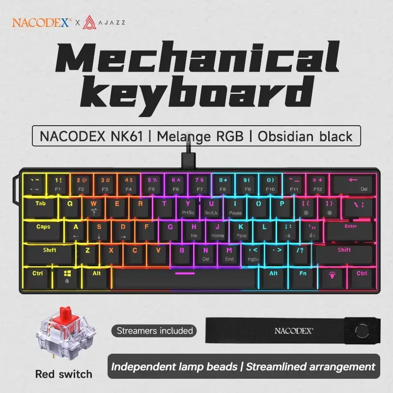 AJAZZ NK61 61-Key Red Switch Wired Mechanical Keyboard with Hot-Swappable Keys and RGB Lighting, Suitable for PC and Mac