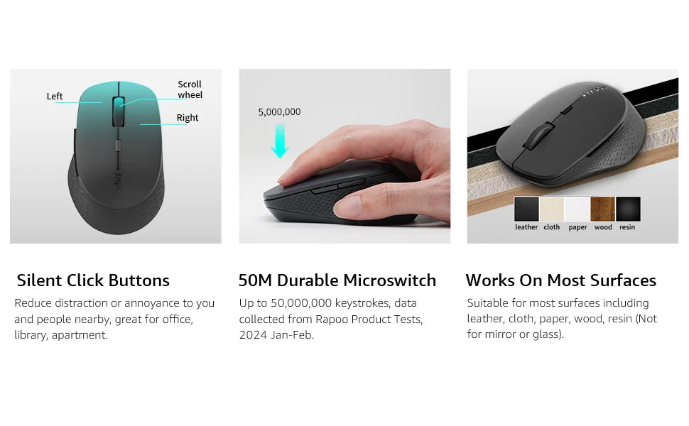 Rapoo M300G Silent Wireless Mouse 2400 DPI Multi-mode Bluetooth Mouse Portable Optical Mice Ergonomic Design Support 2 Devices