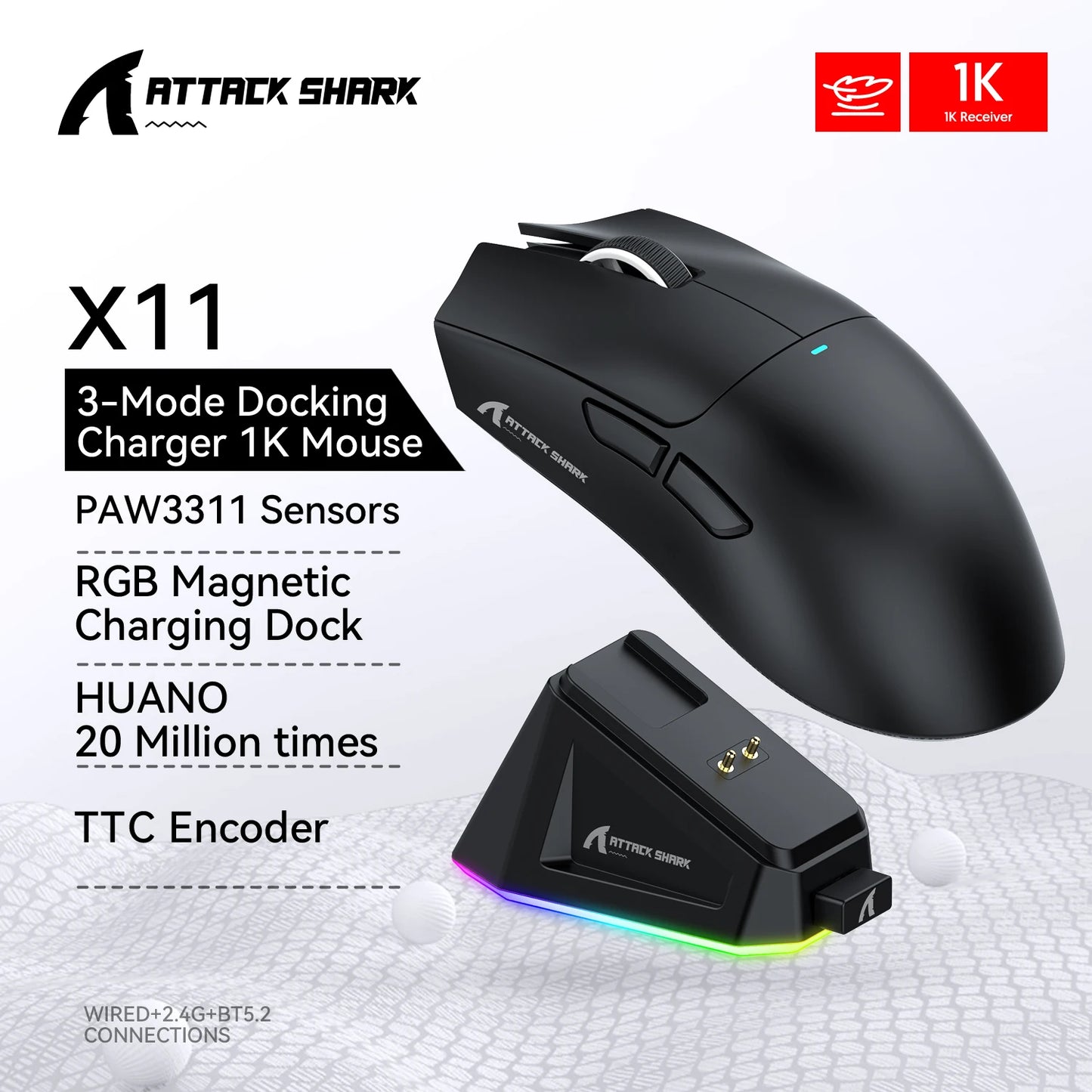 ATTACK SHARK X11 X11 SE Wireless Gaming Mouse 22K DPI PAW3311 63g Lightweight Tri-Mode Bluetooth/2.4G/Wired 20M Clicks RGB