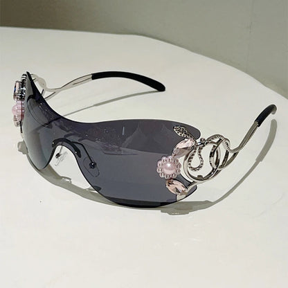 Ochelari de soare KAMMPT fără ramă Y2k cu strasuri, pentru femei, monobloc, pentru activități în aer liber, cu design la modă și lentile cu gradient