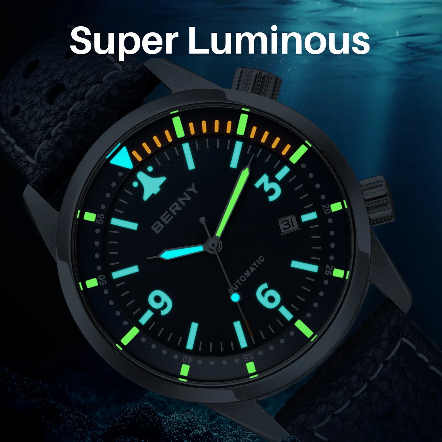 BERNY Men's Automatic Diver Watch Supper Luminous Sapphire AR Coated MlYOTA 8215 Leather Strap Mechanical Diving Watches for Men