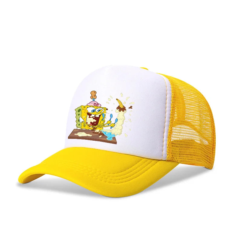 Sød SpongeBob-baseballkasket i anime-stil, rund, til børn, drenge, piger og voksne, til sport og fritid, med solskærm, justerbar, film- og tegneseriefigur, med skygge og netforing