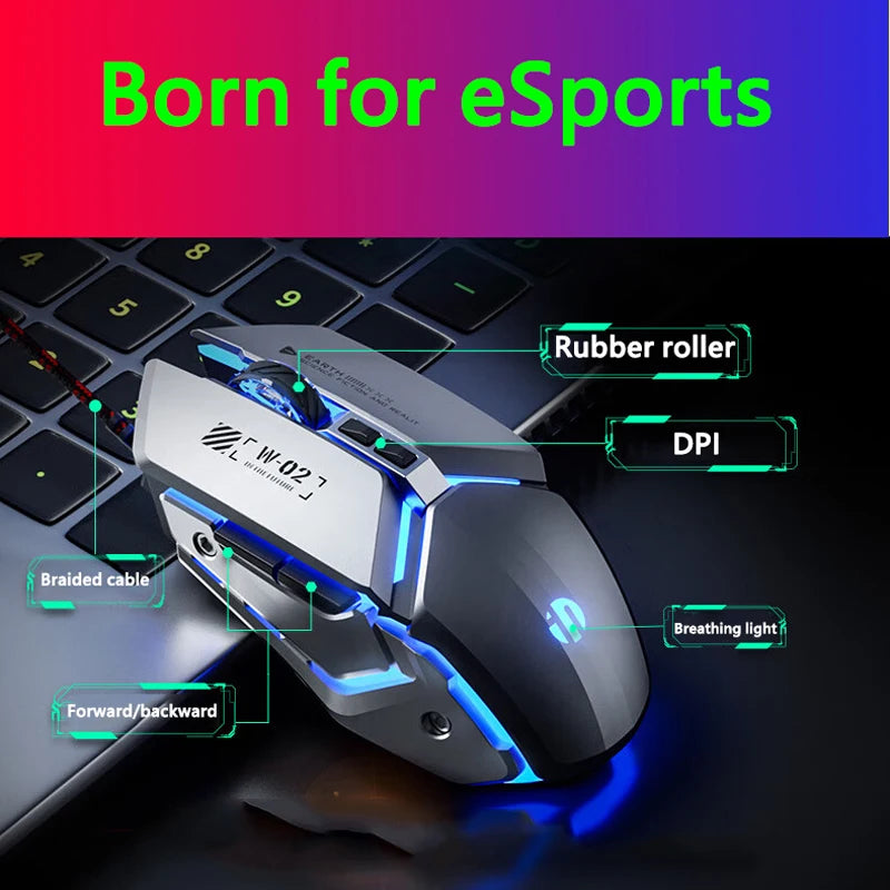 Inphic W2 2nd Generation USB Wired Gaming Mouse Silent Click Metal Style 6-key Macro Programming 8800DPI