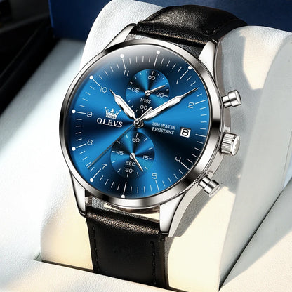 OLEVS 2880 herreur – Elegant og minimalistisk kronograf, læderrem, automatisk datovisning, vandtæt, selvlysende visere, kvartsurværk.