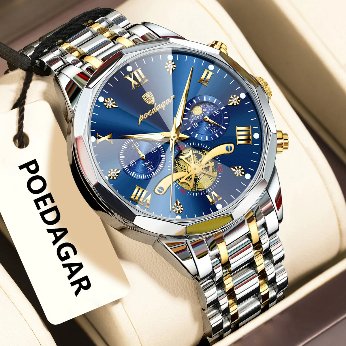 Relógio de pulso de luxo original POEDAGAR para homem, estanque, cronógrafo luminoso, relógio de pulso de aço inoxidável com movimento de quartzo, relógios de gama alta para homem