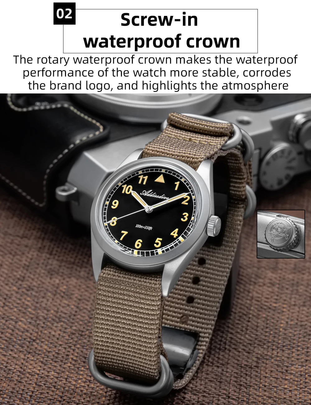 Reloj analógico para hombre ADDIESDIVE de 36mm con cristal de espejo abombado, resistente al agua 100m, luminoso, reloj de cuarzo sencillo para hombre con correa de nailon