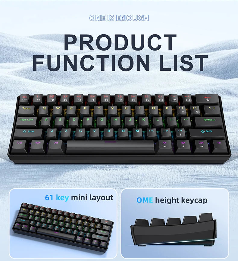 APAYADO K61 Mini 60% Gaming Keyboard 61-Key, Wired, Portable, RGB Lighting, Red/Blue Switch, Black/White/Red Colors