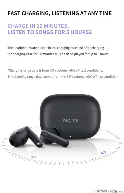 realme Buds T310 Earphones 46dB Active Noise Cancelling HiFi Wireless Headphones Bluetooth 5.4 Game Music Headset Long Standby