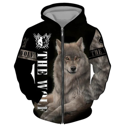 3D Wolf Print Men Zipper Hoodies Fashion Animal Pattern Top Coat Street Punk Style Oversized Sweatshirts Outdoor Leisure Jackets