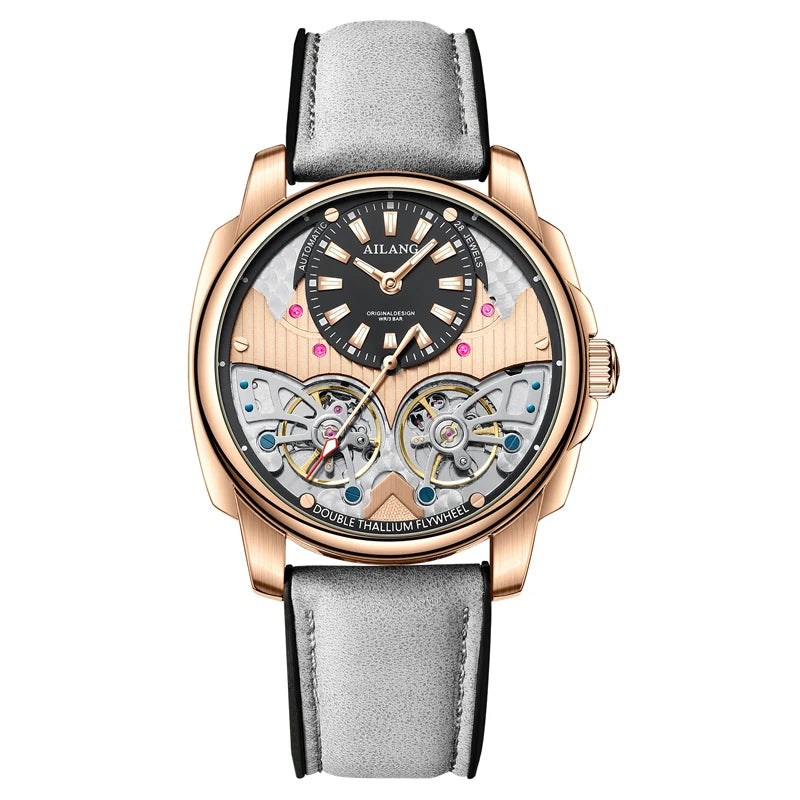 AILANG Automatic Mechanical Waterproof Sport Military Men Watch Luxury Double Tourbillon Man Wristwatch Leather Strap