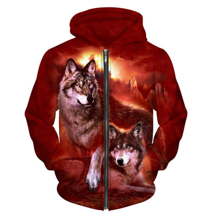 3D Wolf Print Men Zipper Hoodies Fashion Animal Pattern Top Coat Street Punk Style Oversized Sweatshirts Outdoor Leisure Jackets